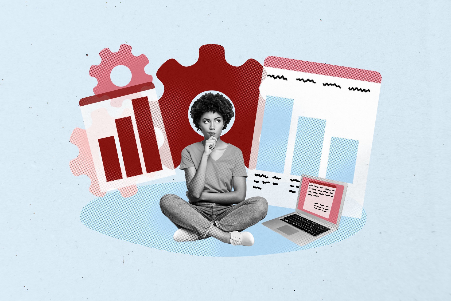 Trend artwork sketch design montage 3D collage of minded young lady sit down laptop website page gear progress development engine wheel